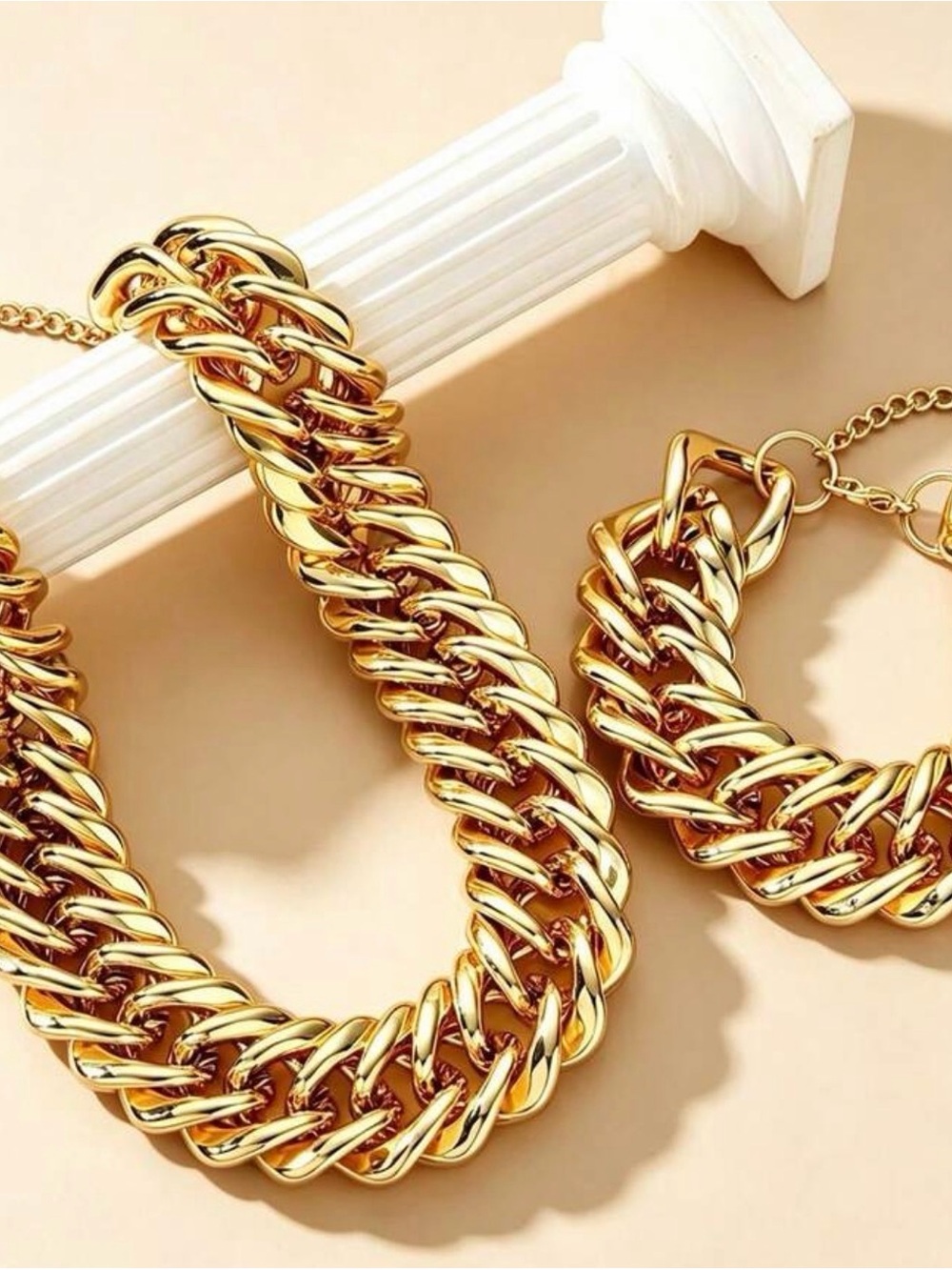 Gold Chunky Chain Necklace and Bracelet Set - Women Jewelry